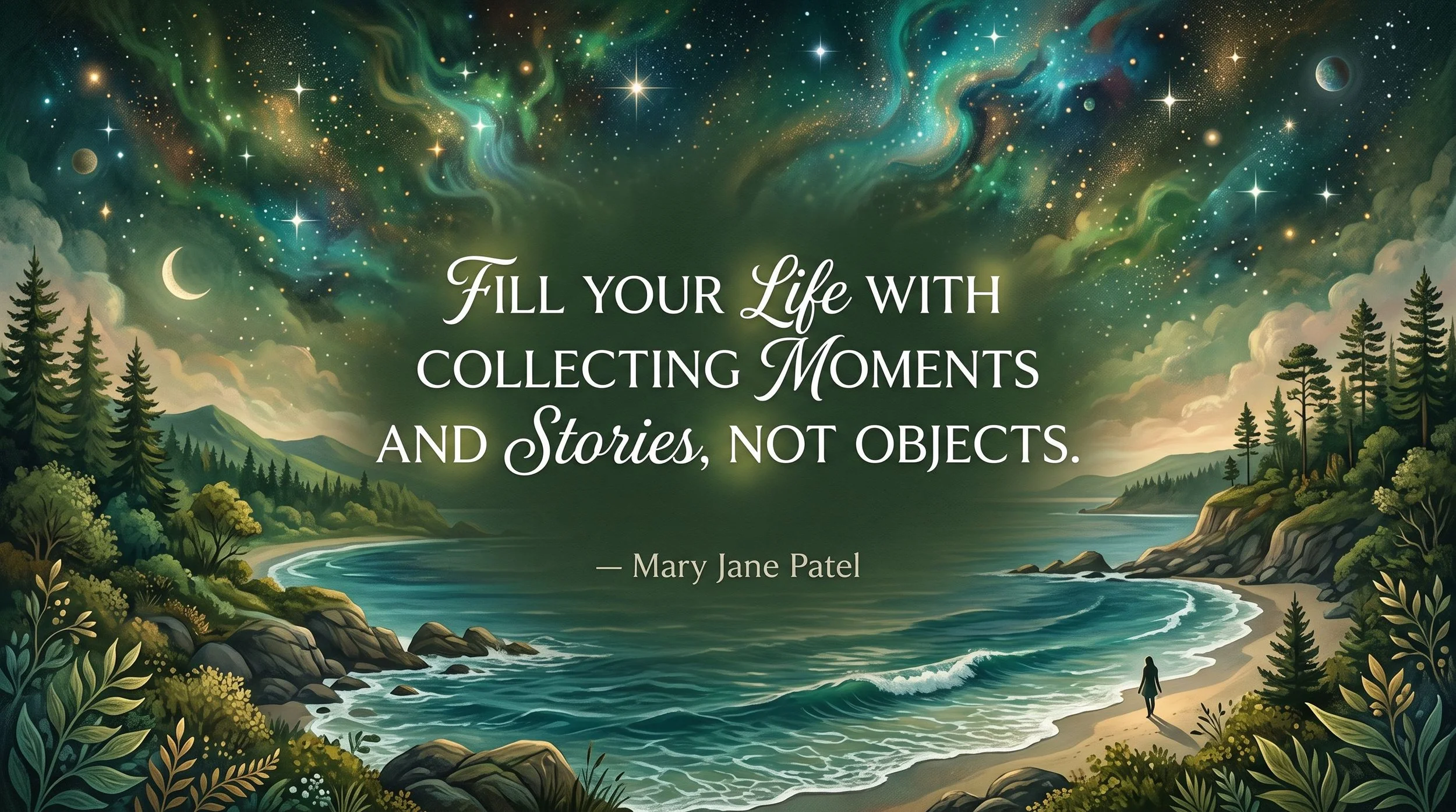 A scenic landscape featuring a river flowing through a forested area with mountains in the background. The sky above is filled with colorful swirling auroras, stars, planets, and a crescent moon. Overlaid text reads: 'Fill your life with collecting moments and stories, not objects.' by Mary Jane Patel.