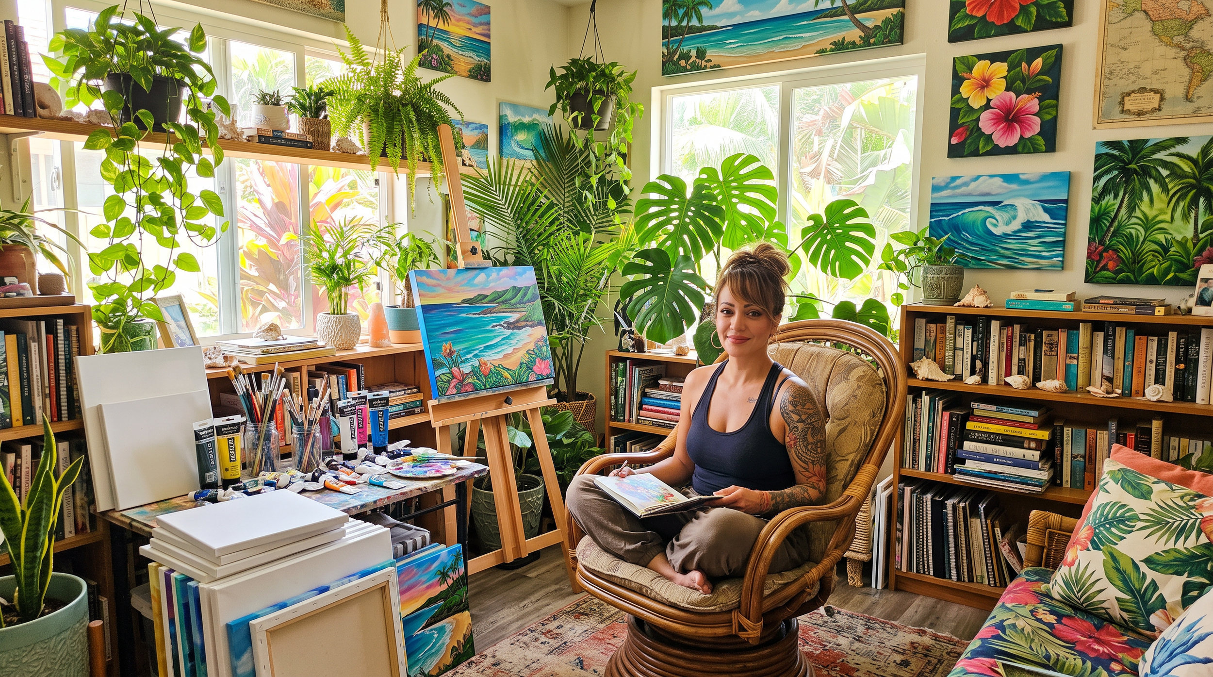 A woman with tattoos on her arms sitting in a wooden chair with a patterned cushion in an art studio filled with tropical-themed paintings and numerous green plants near large windows.