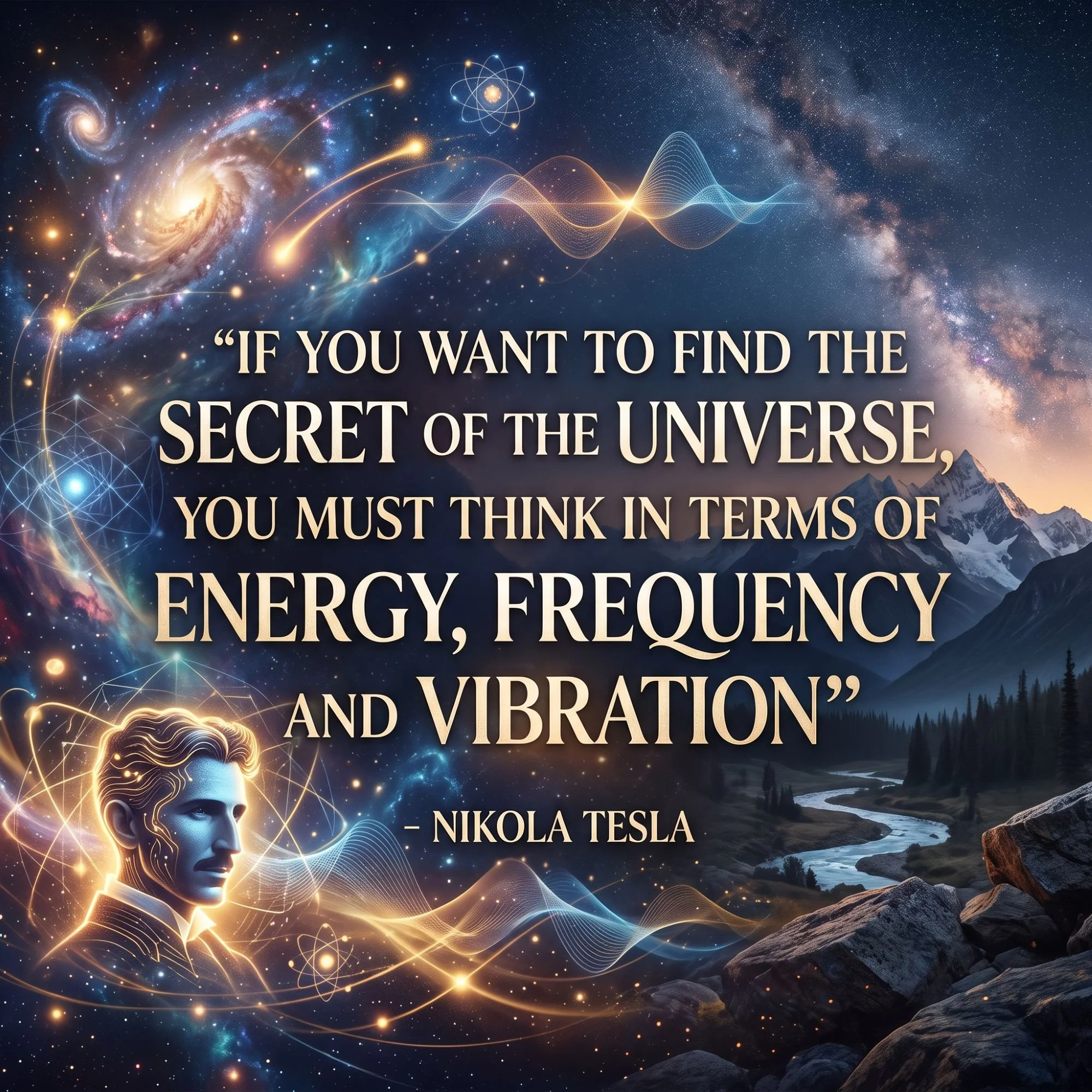 A cosmic scene with galaxies, stars, and energy waves, featuring a quote by Nikola Tesla: 'If you want to find the secret of the universe, you must think in terms of energy, frequency, and vibration.'