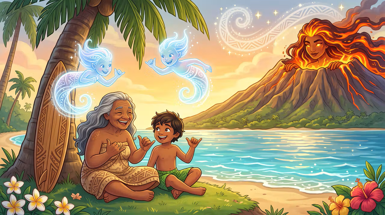 Koa and a Kapuna by the beach under palm trees, with two spirits of the ocean floating above them, and a volcano with a face and flowing lava in the background, during sunset.