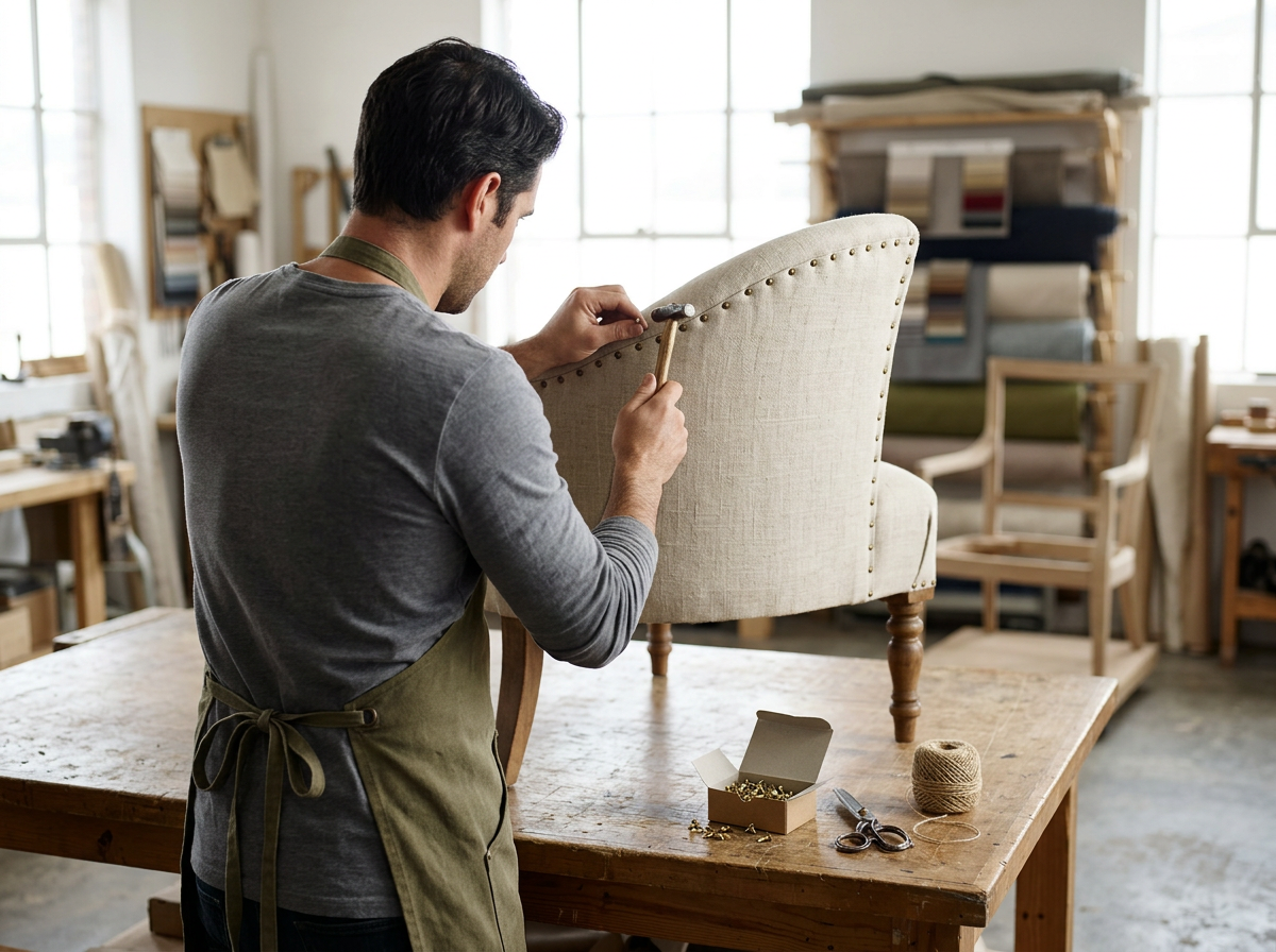 A man wearing a gray shirt and green apron is hammering nailhead trim into a beige upholstered armchair in a furniture workshop.