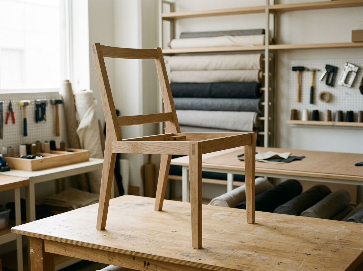 A wooden chair frame on a work table in a woodworking workshop with shelves of fabric rolls, tools, and supplies in the background.