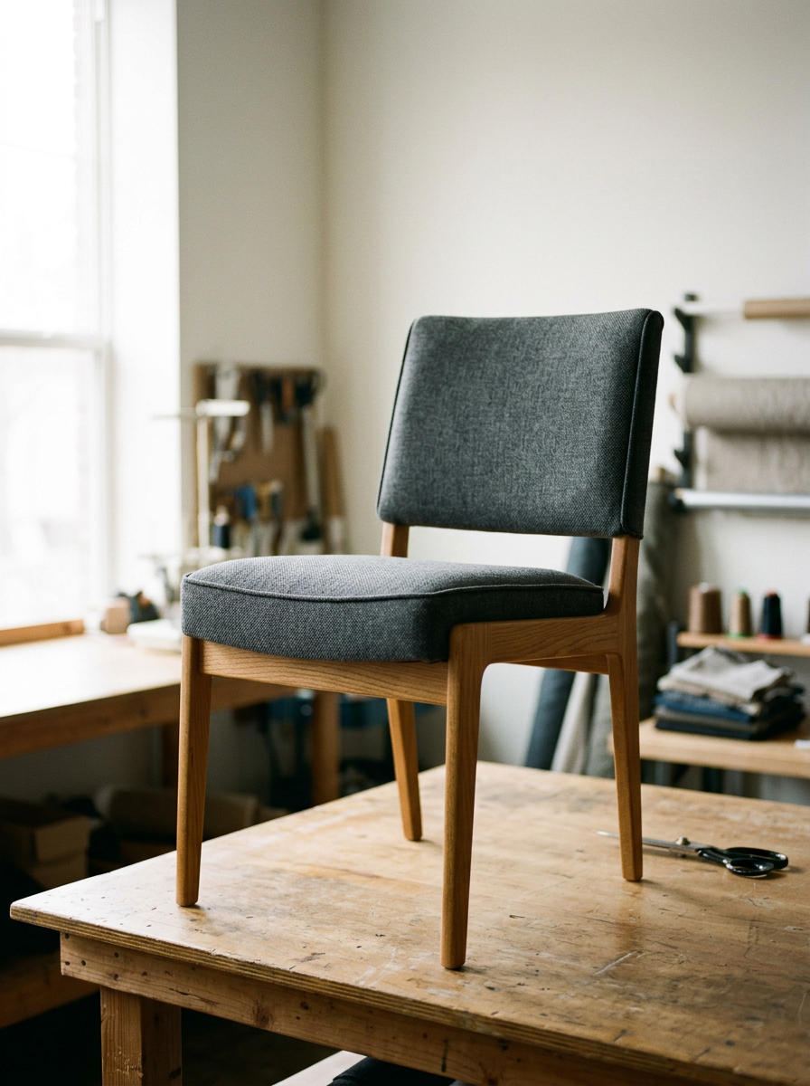 A mid-century modern style chair with a wooden frame and gray upholstered cushions on a wooden work table in a workshop or studio.