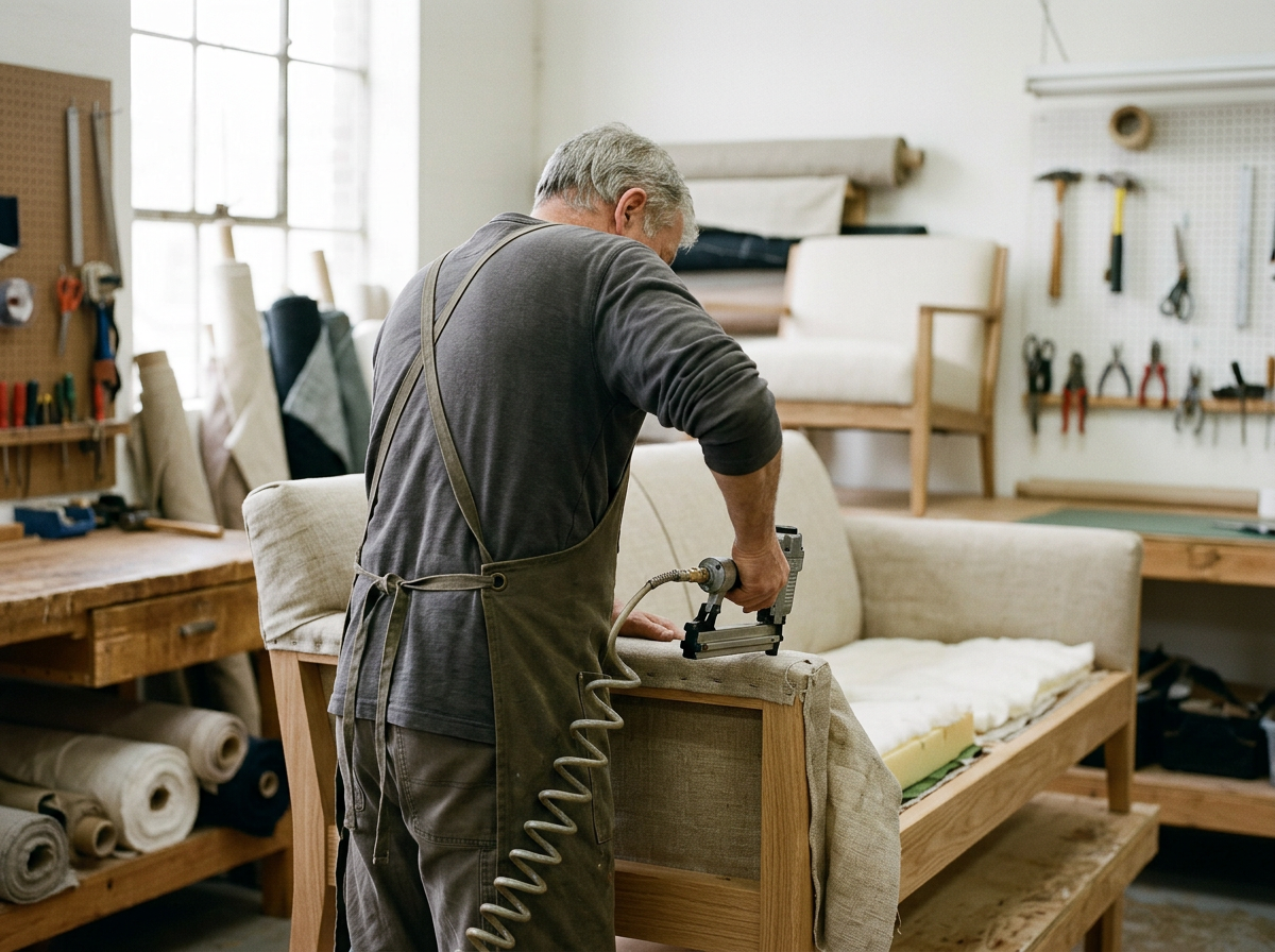 Man upholstering a sofa with a staple gun in a workshop.