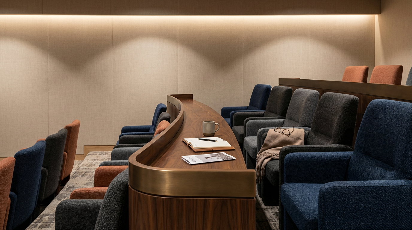 Quiet conference room with a curved wooden table, several upholstered chairs in dark gray, black, blue, and orange, some with personal items and reading glasses, illuminated with subtle lighting.