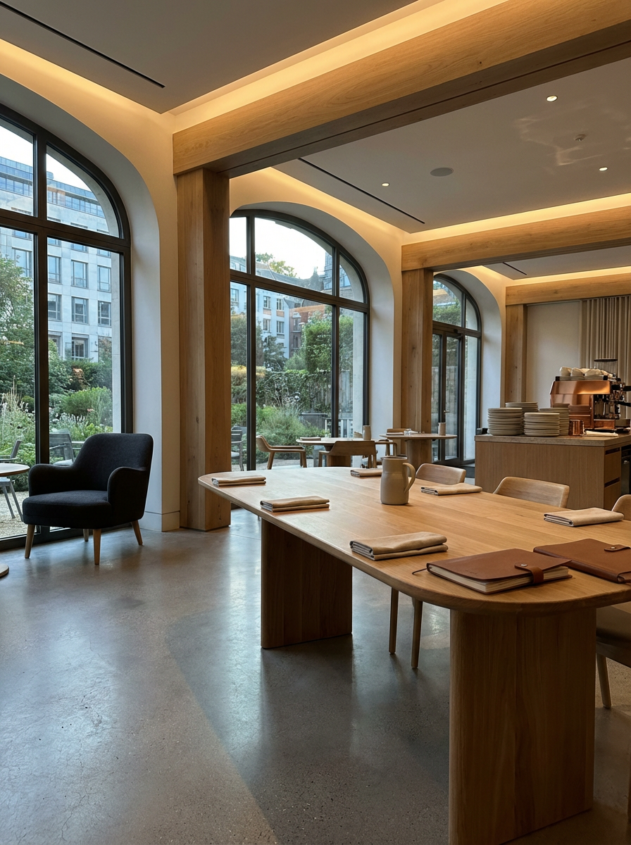 Modern dining area with large arched windows, wooden beams, a long wooden table with napkins and notebooks, and a cozy black armchair, overlooking a garden outside.