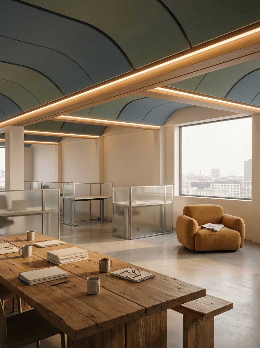 Modern office space with a wooden conference table, notebooks, cups, and glasses, illuminated by natural light from large window, with cozy armchair in the corner and cubicle workstations in the background.