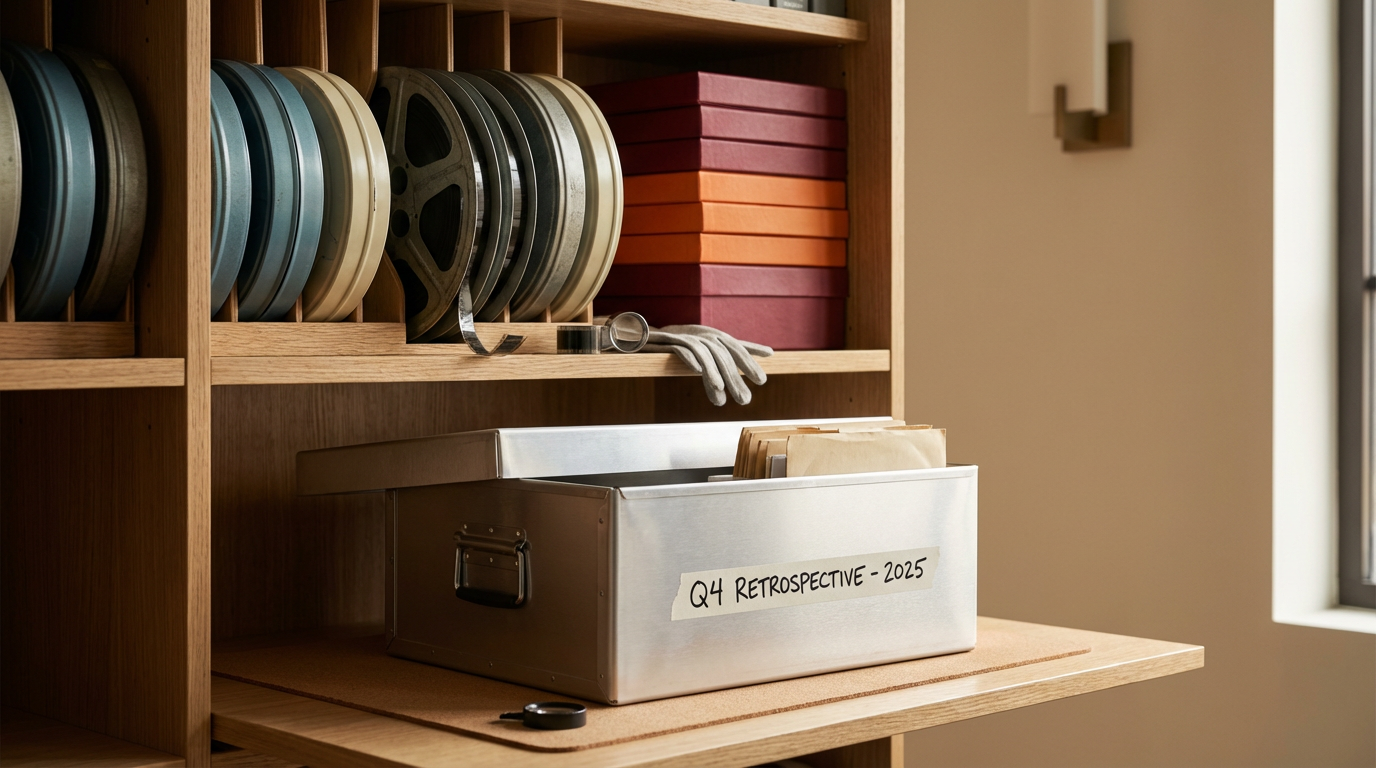 A wooden shelf with film reels, red and orange boxes, a glove, and a metal container labeled "Q4 RETROSPECTIVE - 2025" with folders inside.