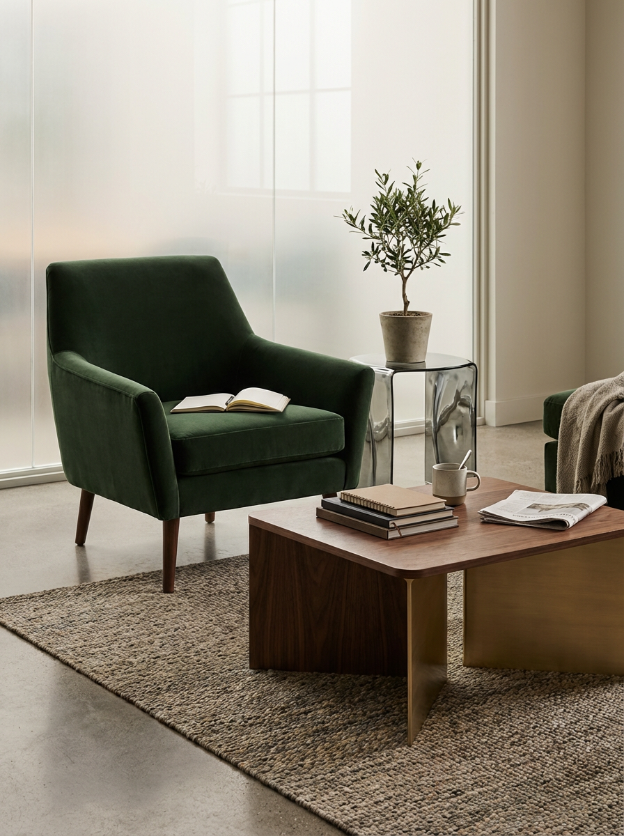 Living room corner with a green armchair, a wooden coffee table with books, newspaper, mug, and a gray throw. Behind the chair, there is a glass wall with a potted plant on a side table.