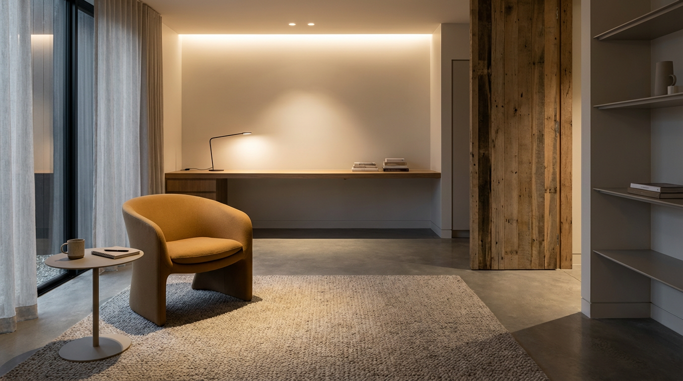 Mindful Gains Psychiatry telehealth office with a beige armchair, side table, floor-to-ceiling curtains, and warm wood accents.