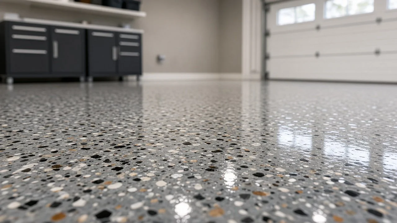 Close-up of gray, black and white flake chips in a glossy garage floor coating