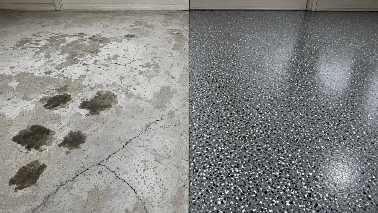 Garage floor shown half bare concrete and half finished with glossy flake coating
