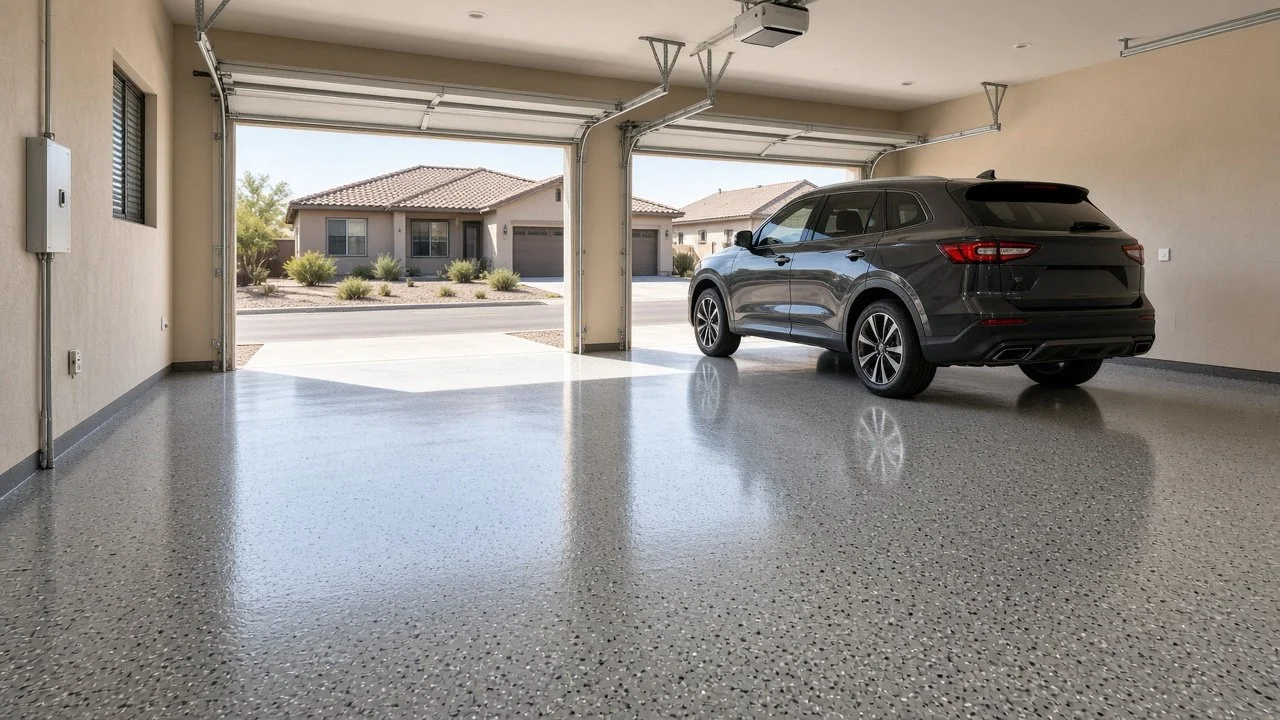 Wide three-car home garage with a glossy flake epoxy floor