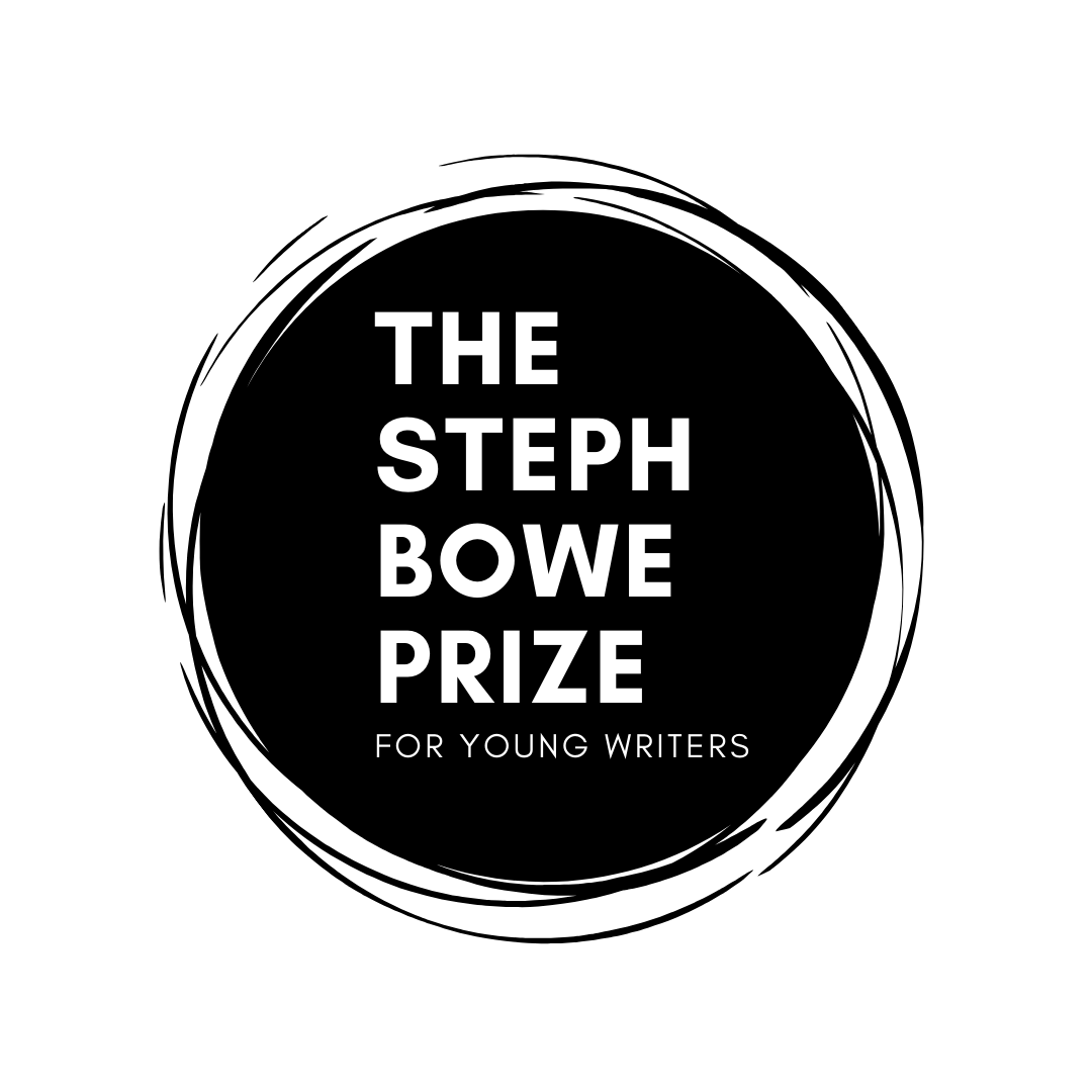 The Steph Bowe Prize for Young Writers logo is a black sketchy circle with white writing inside.