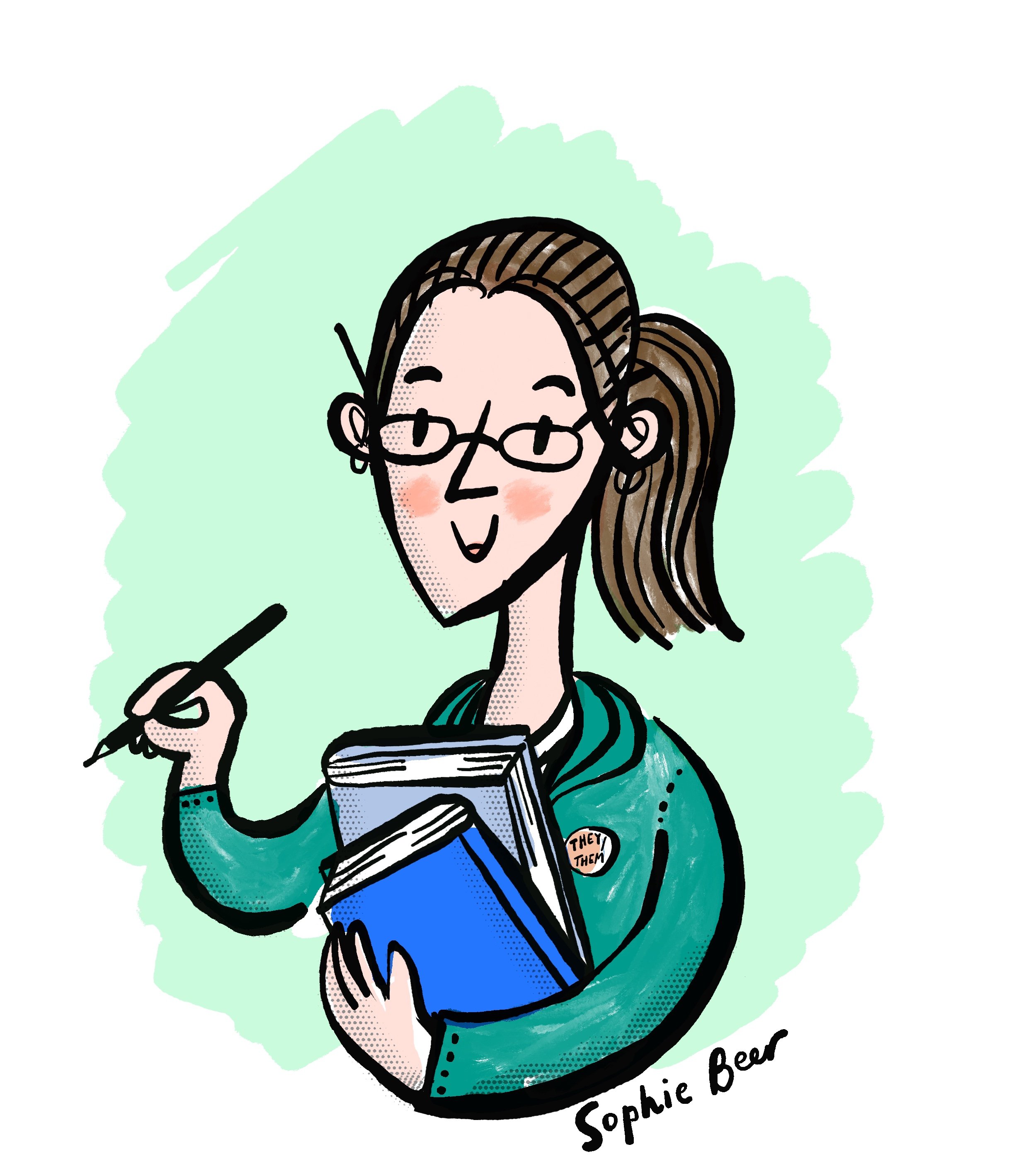 A colour illustration of Nicola Santilli smiling and holding books and a pencil.