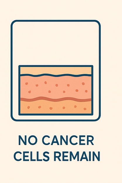Illustration of skin layers with a medical cap, with text "No Cancer Cells Remain."