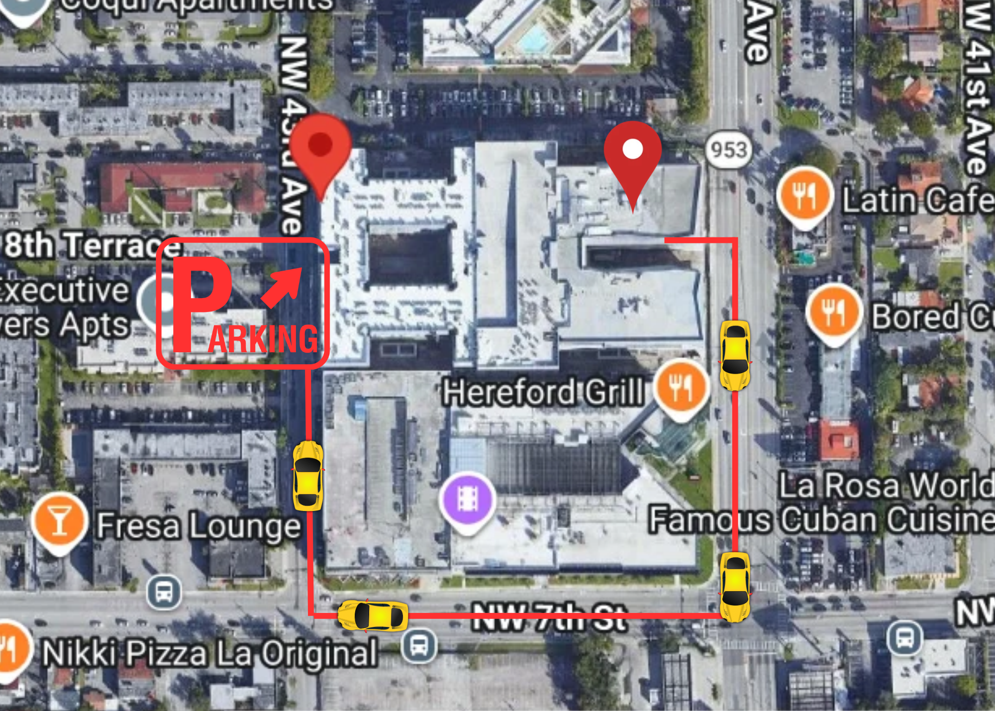 Map view showing parking, streets, and restaurants.