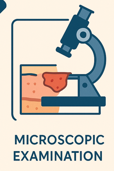 Illustration of a microscope and slide with tissue sample, with the text "Microscopic Examination" underneath.