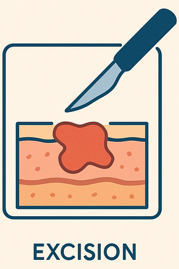 Illustration of a biological tissue sample with a scalpel and the word 'Excision' at the bottom.