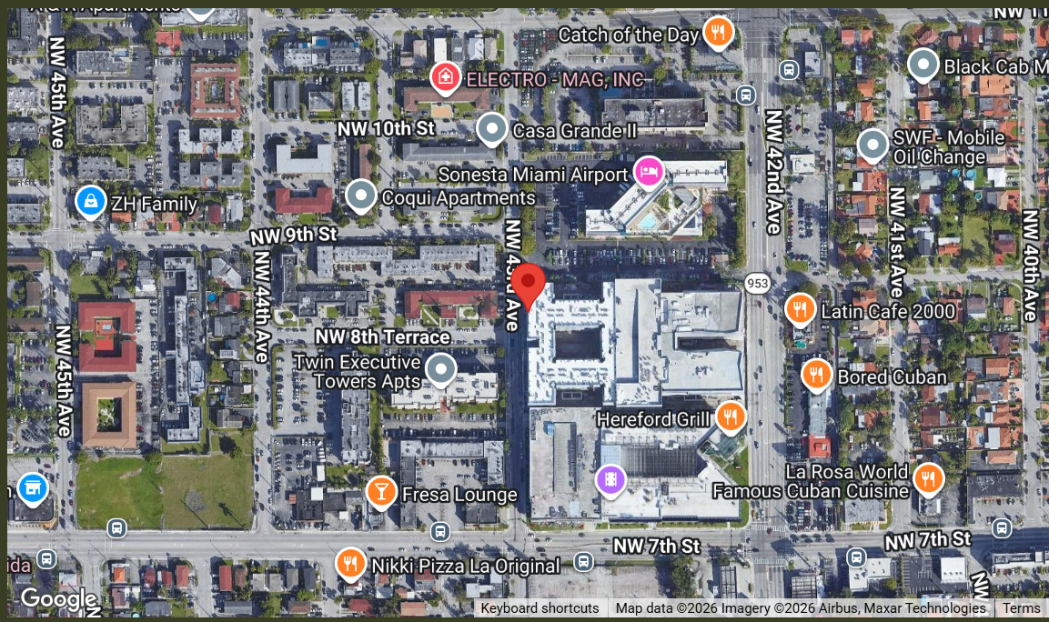 Map showing a section of Miami, Florida with streets, landmarks, and various restaurant icons, including Latin Cafe 2000, Bored Cuban, La Rosa World Famous Cuban Cuisine, and Nikki Pizza La Original.