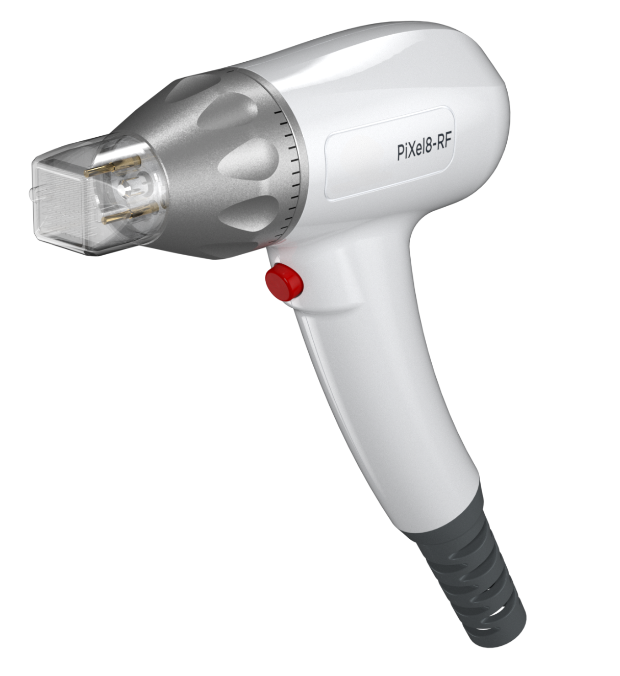 A white and gray handheld RF laser device labeled 'Pixel8-RF,' with a red button, used for skin treatments or dermatology.