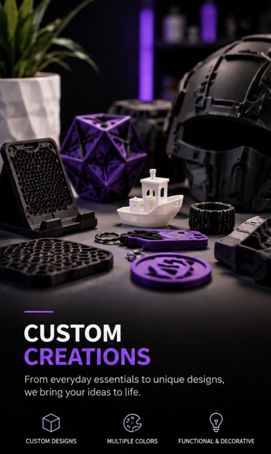 A variety of 3D-printed objects on a table, including a white ship, a black helmet, a purple geometric shape, and various smaller items, with a plant in a white pot in the background.
