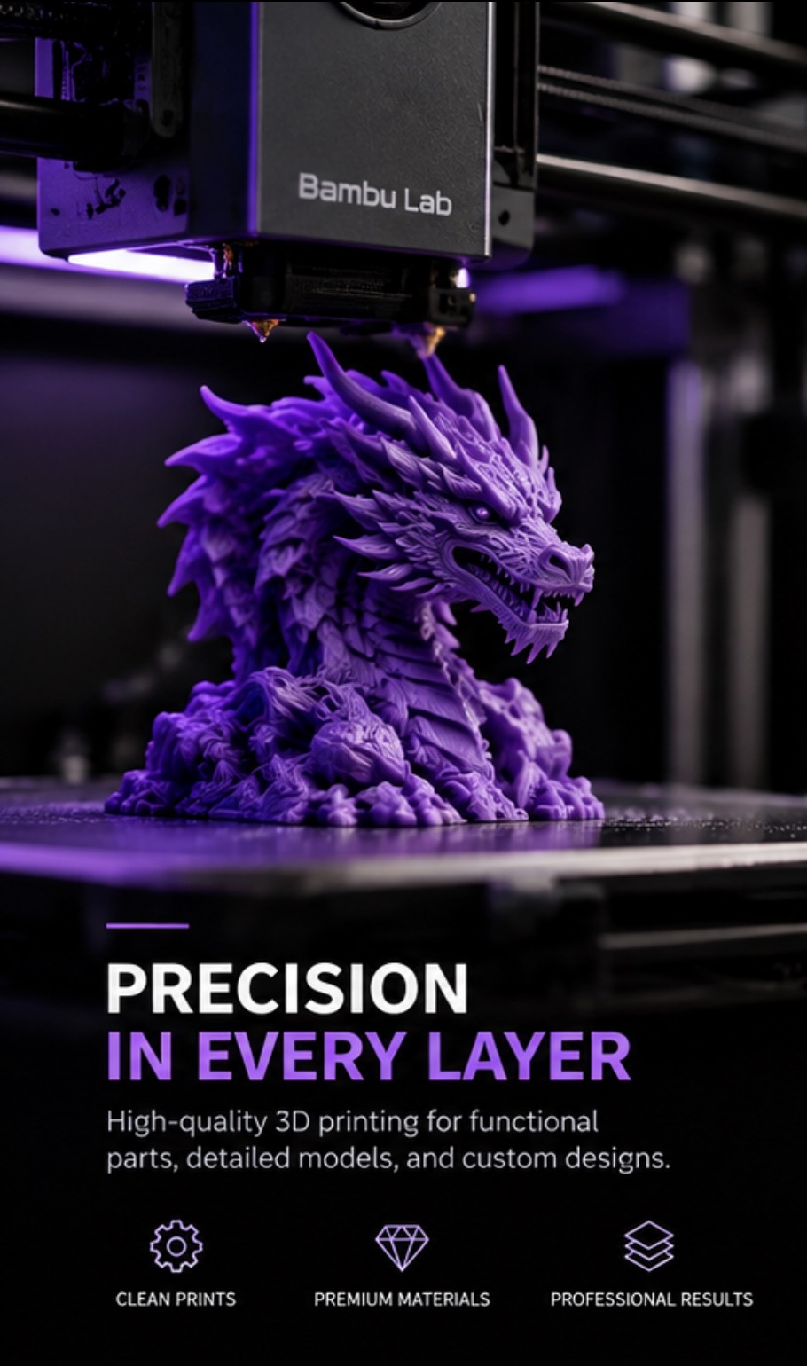 3D printer printing a detailed purple dragon model with text promoting precision, high-quality 3D printing for functional parts, models, and custom designs.