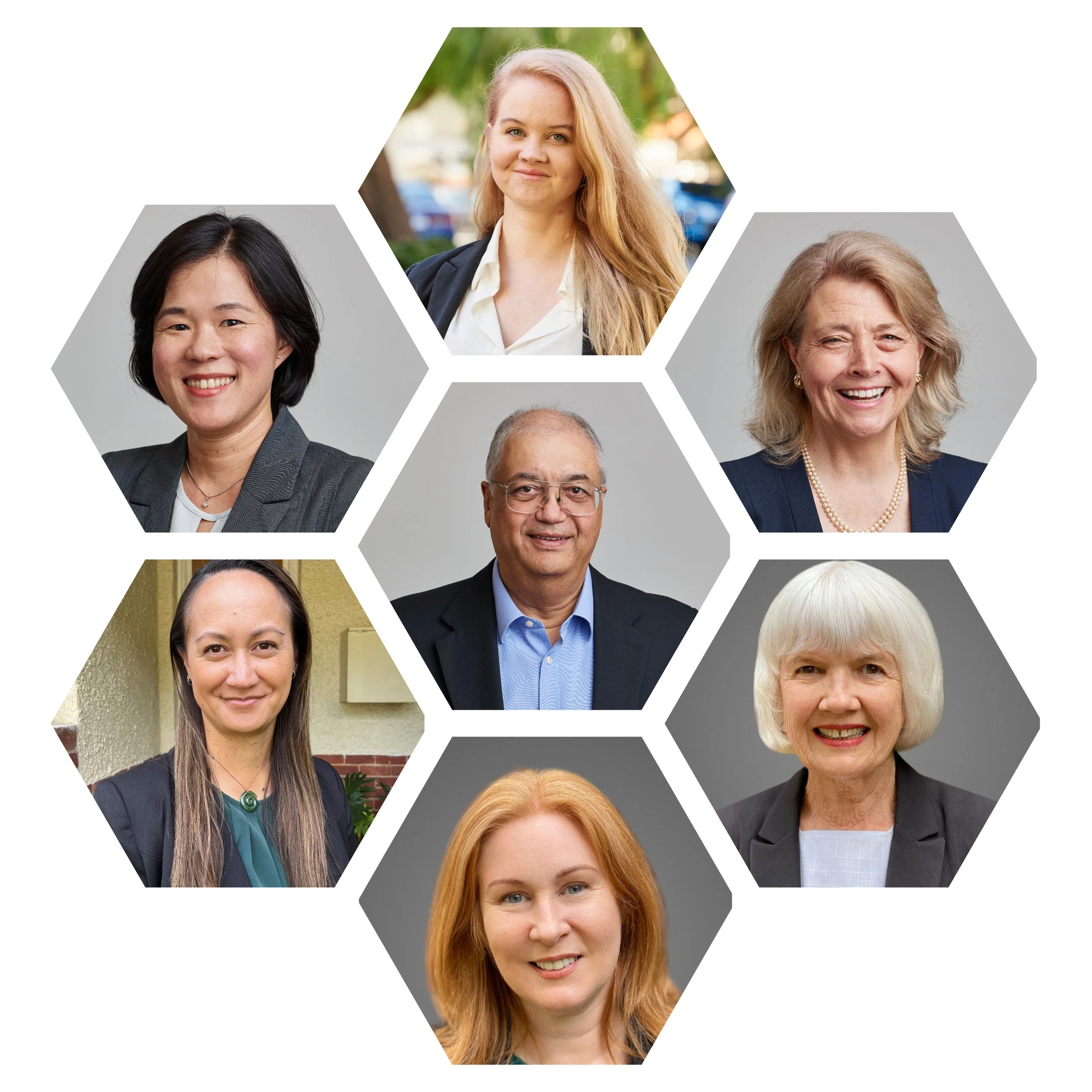 Collage of eight diverse professional headshots arranged in honeycomb pattern, featuring men and women of various ages and ethnicities.
