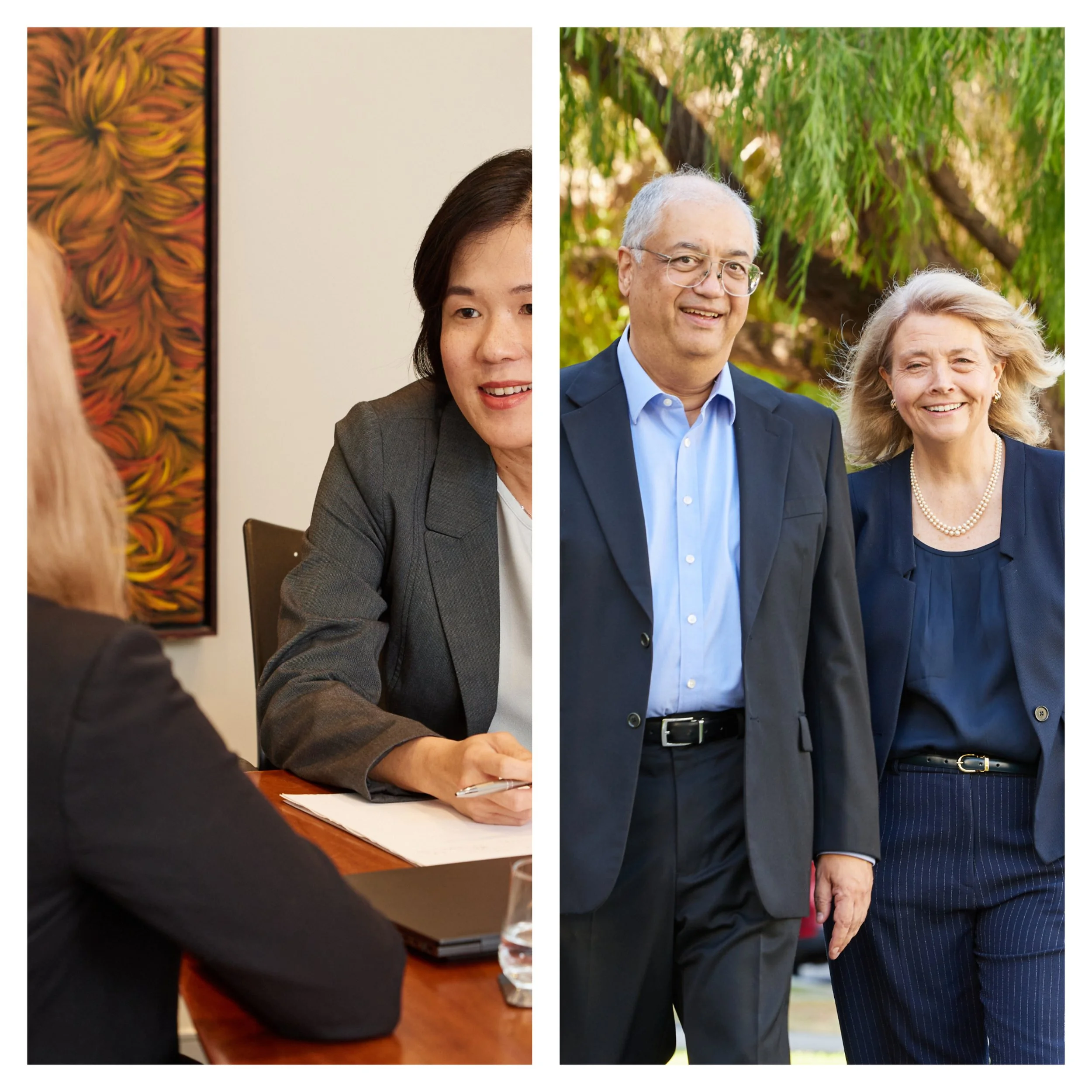 Side-by-side images of professional settings: on the left, two women in business attire having a meeting indoors; on the right, an older man and woman in formal clothing walking outdoors with trees in the background.