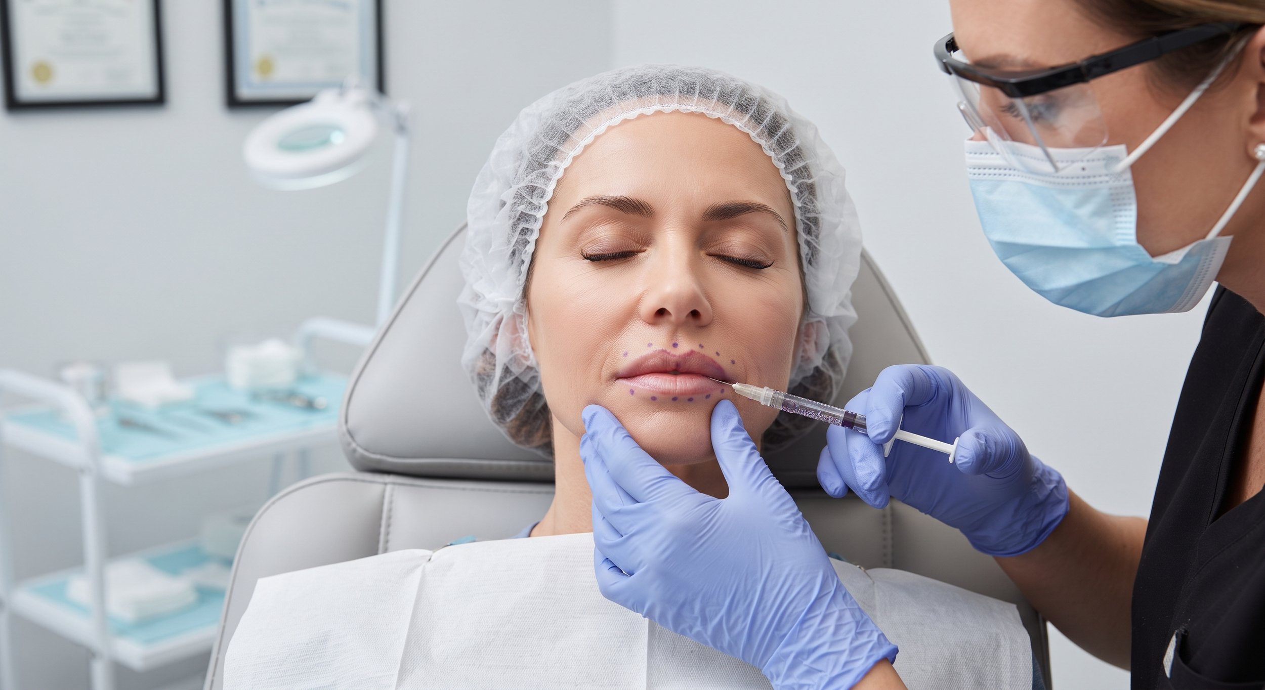 A woman receiving a cosmetic injection on her lips from a professional in a clinical setting.
