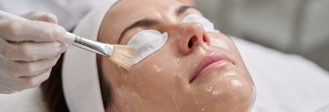 A woman receiving a facial treatment with a brush applied to her face while lying down with eye pads in a spa or skincare clinic.