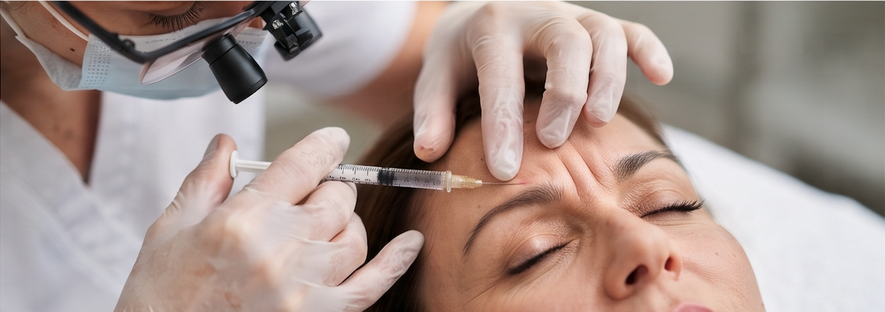 A medical professional administers an injection to a woman's forehead while she is lying down with her eyes closed.