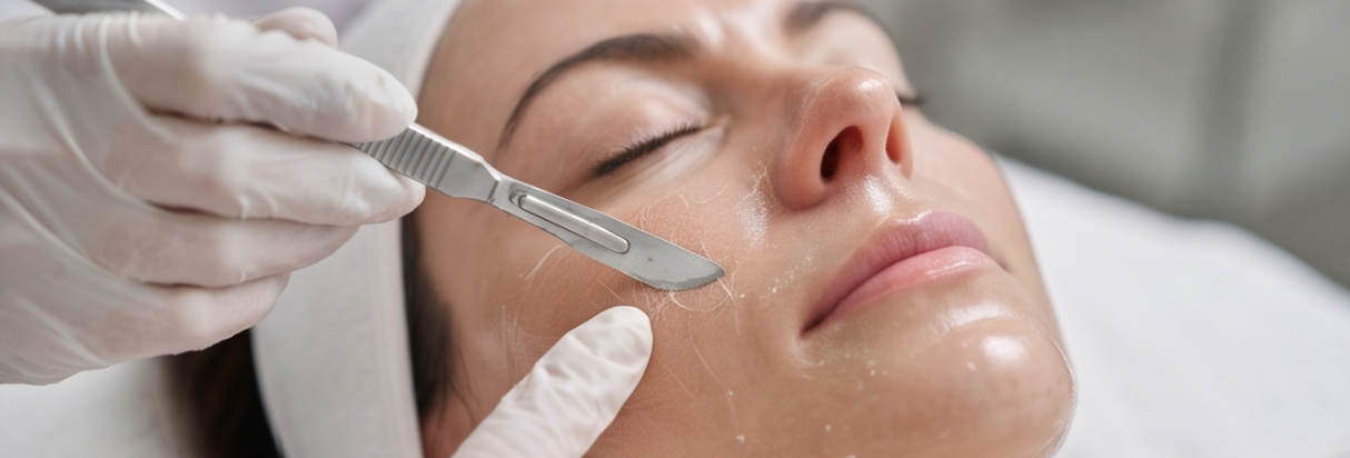 A woman receiving a facial treatment with a gold tool and a skincare product applied to her face.