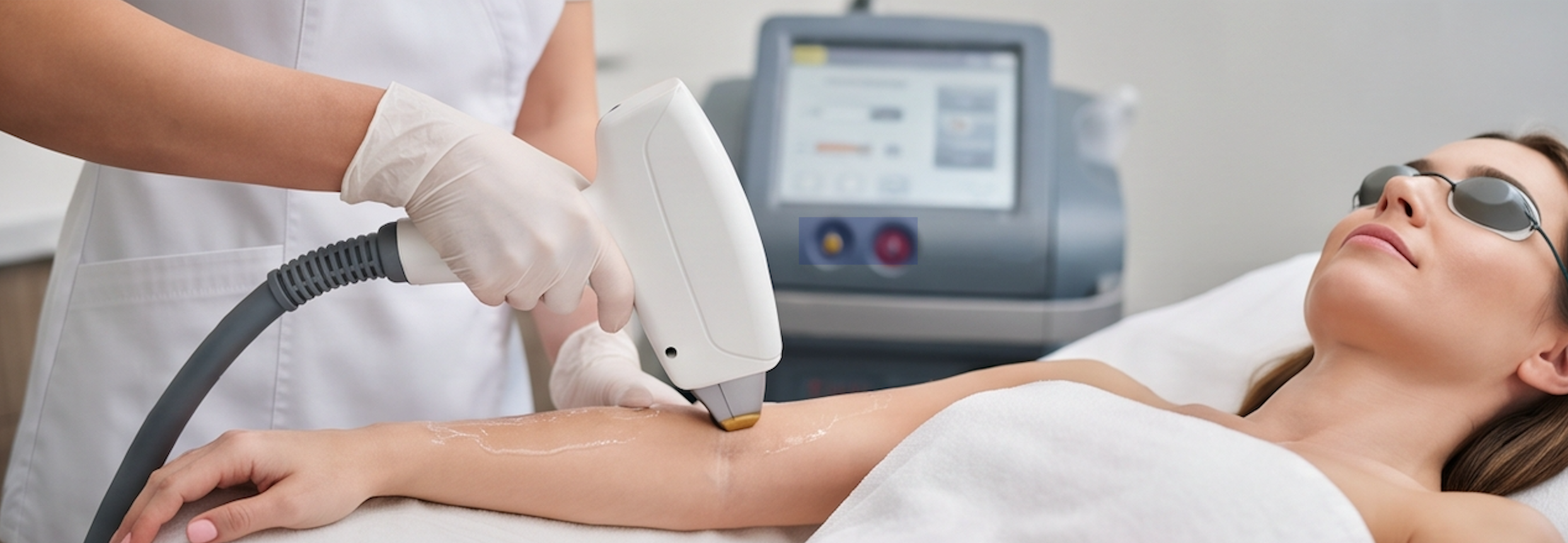A woman lying on a treatment bed, wearing protective goggles, receives a laser treatment on her arm from a healthcare professional holding a laser device. Medical equipment and monitors are visible in the background.