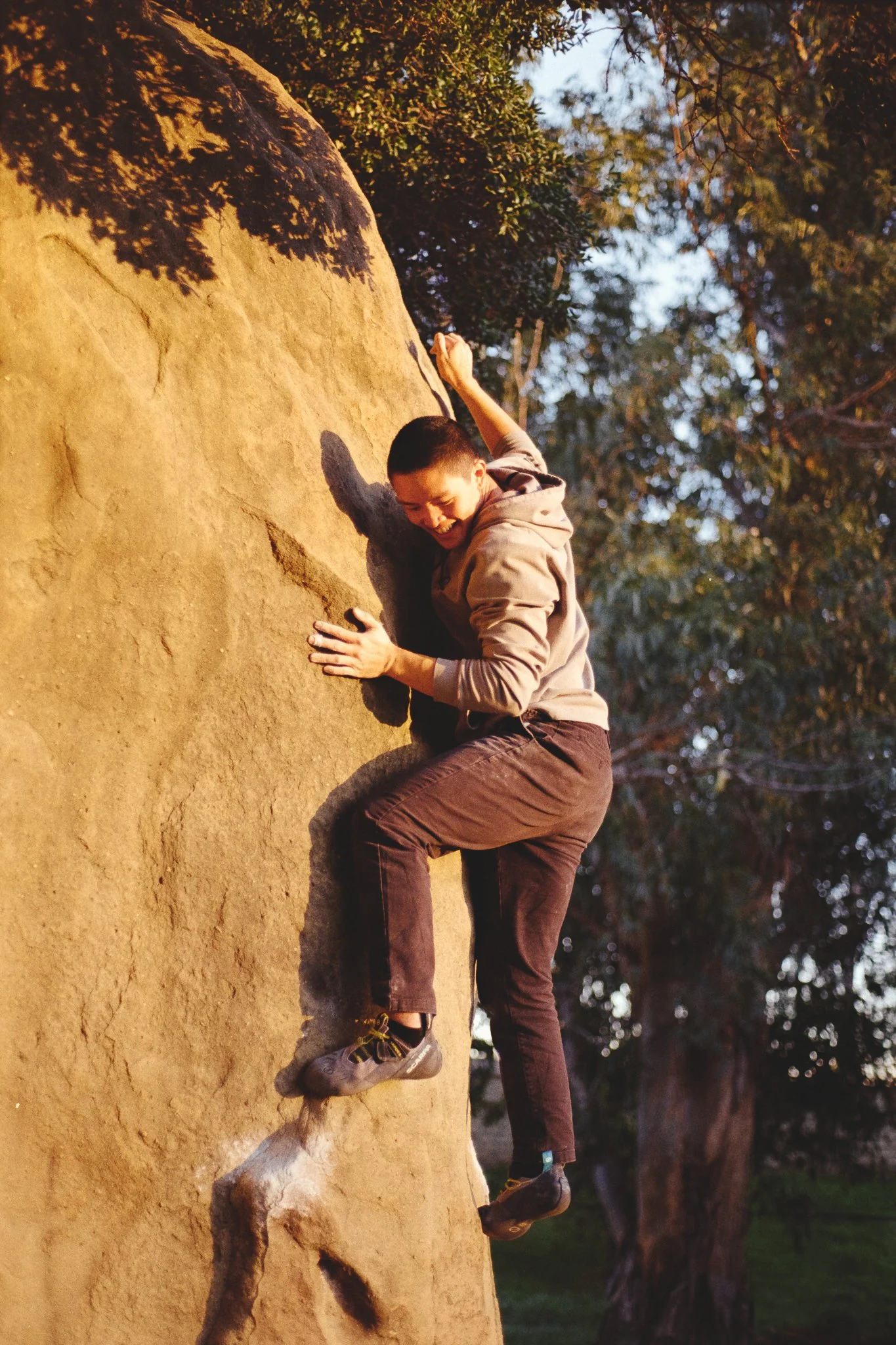Rock climber ascending a large outdoor boulder in a sunlit forest