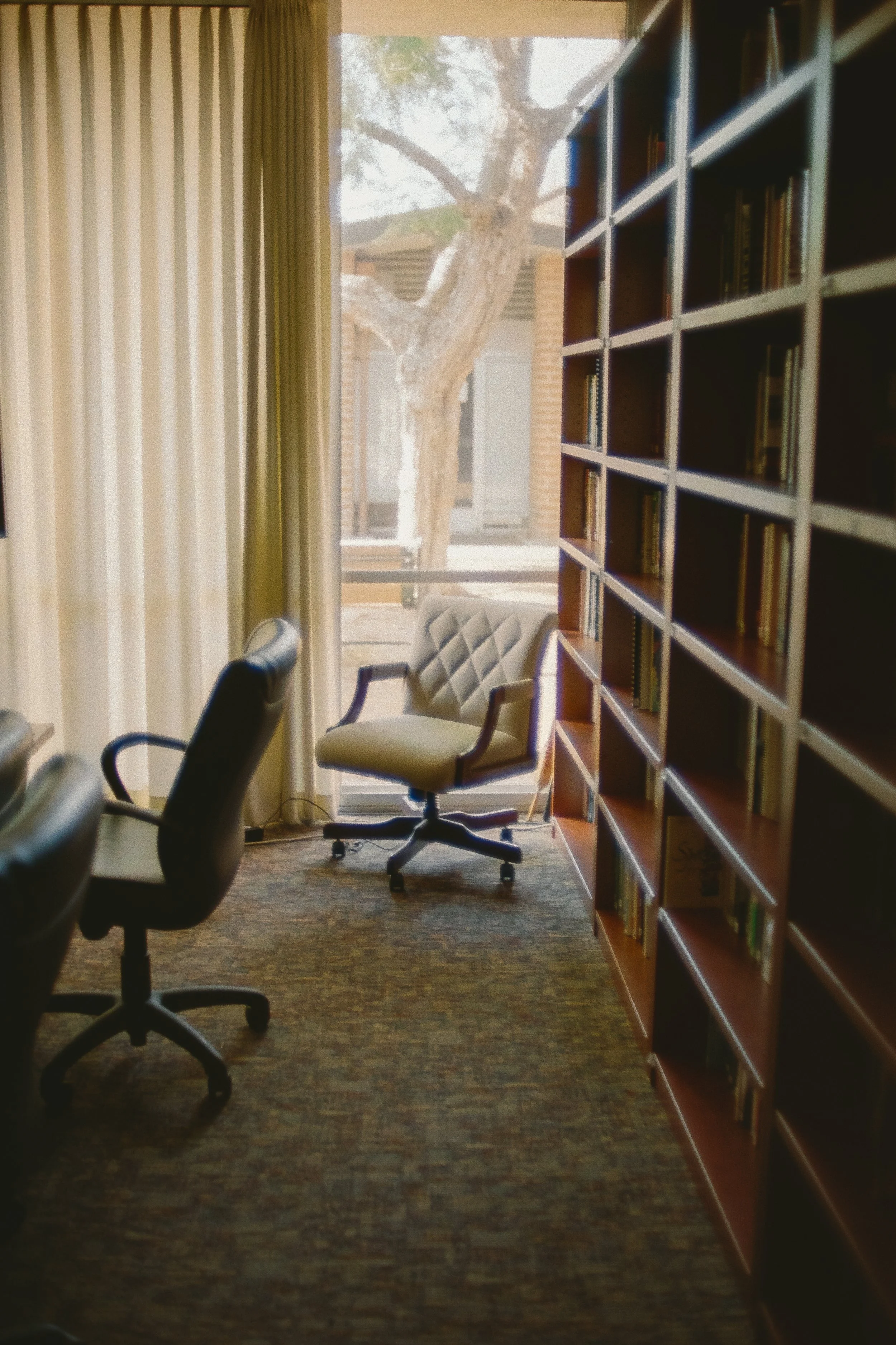 Cozy home office with rolling chairs, a large window, and a wall-length bookshelf.