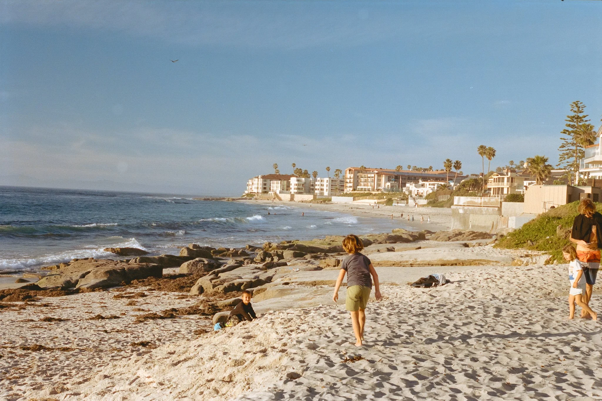 Family enjoying a sunny California beach with rocky shoreline, ocean waves, palm trees, and beachfront homes