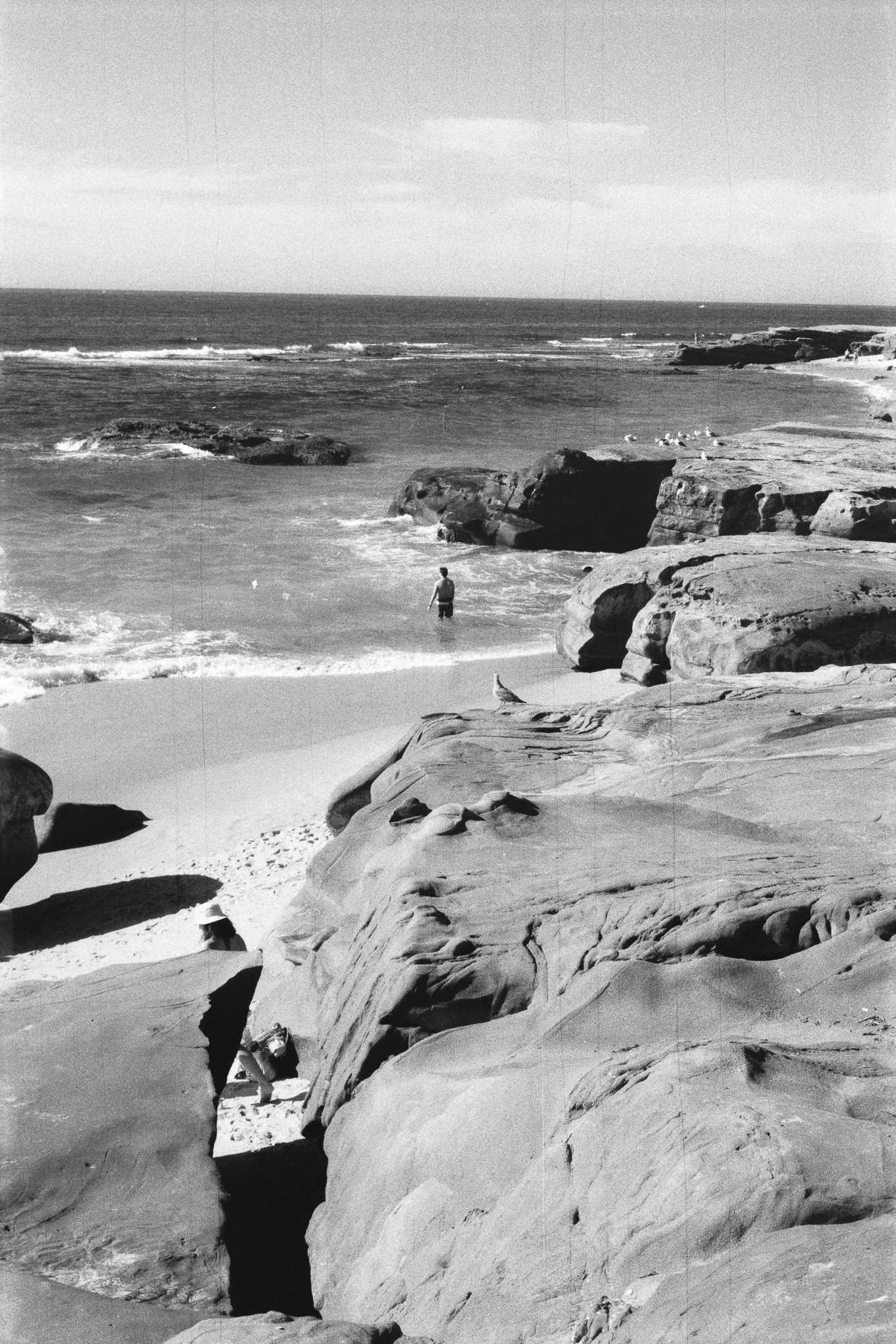 Black-and-white coastal scene with ocean waves, rocky shoreline, sandy beach, seabirds, and a person wading in the water.