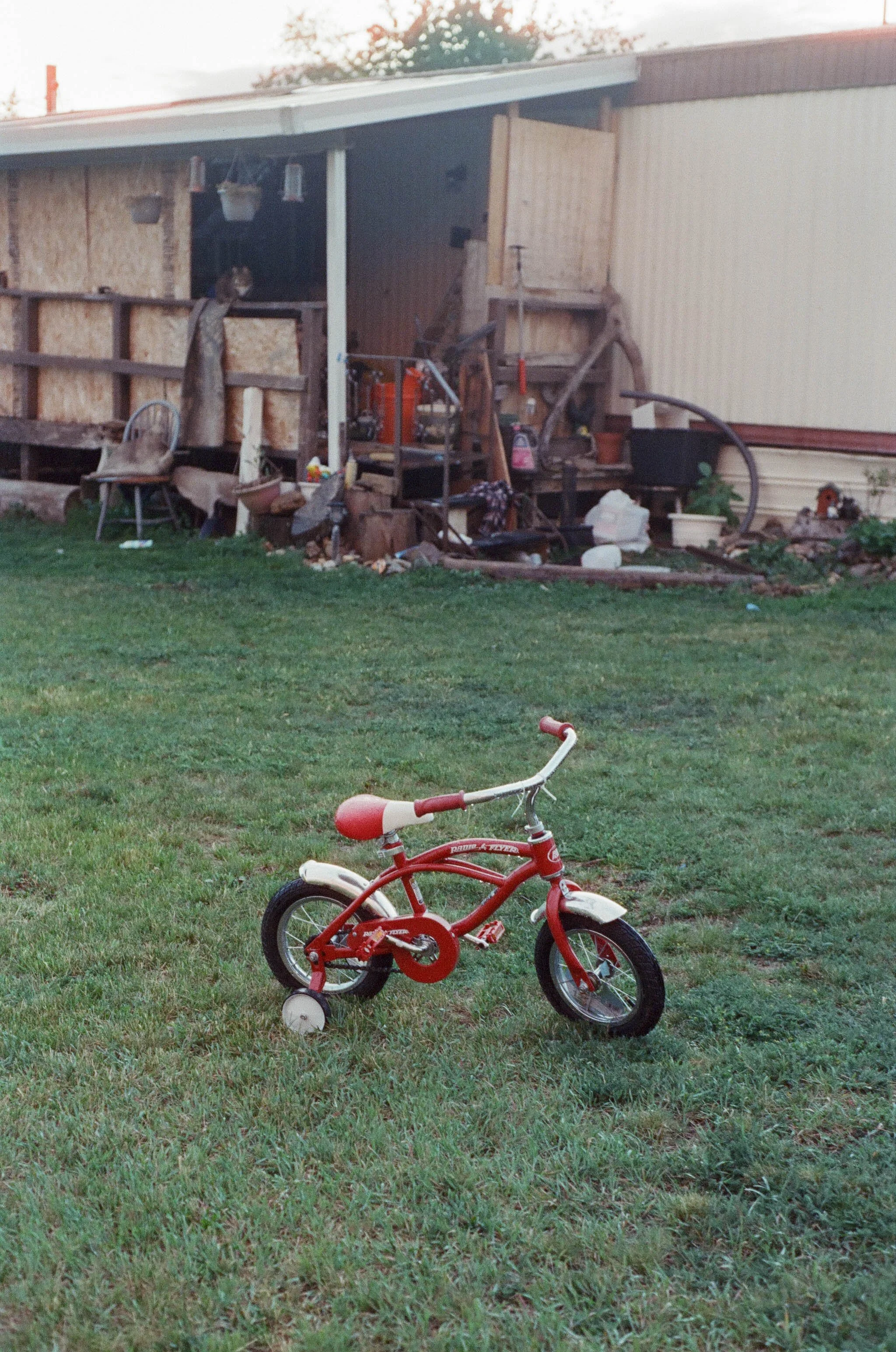 Red children's tricycle on a grassy lawn in front of a cluttered backyard shed.