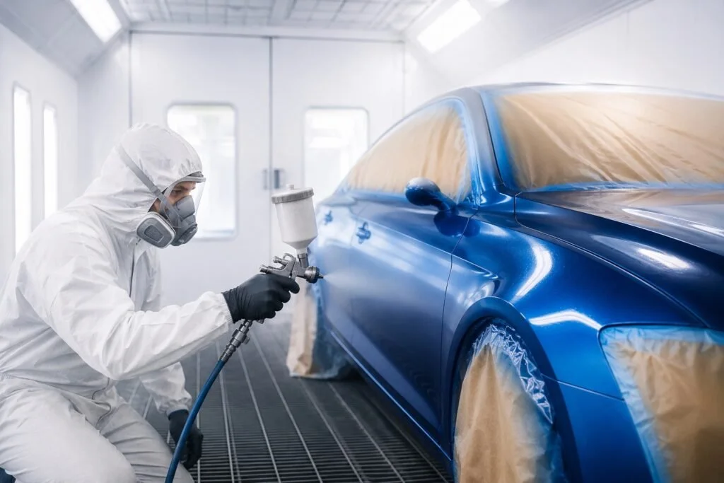 A worker in protective gear spray painting a blue car in a paint booth.