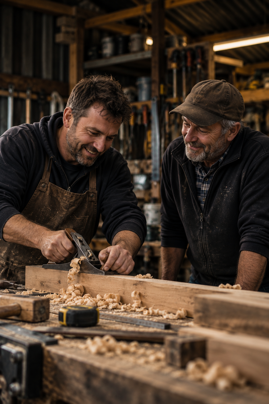 Two men woodworking in a workshop, one using a hand plane to smooth a piece of wood while the other observes, smiling.