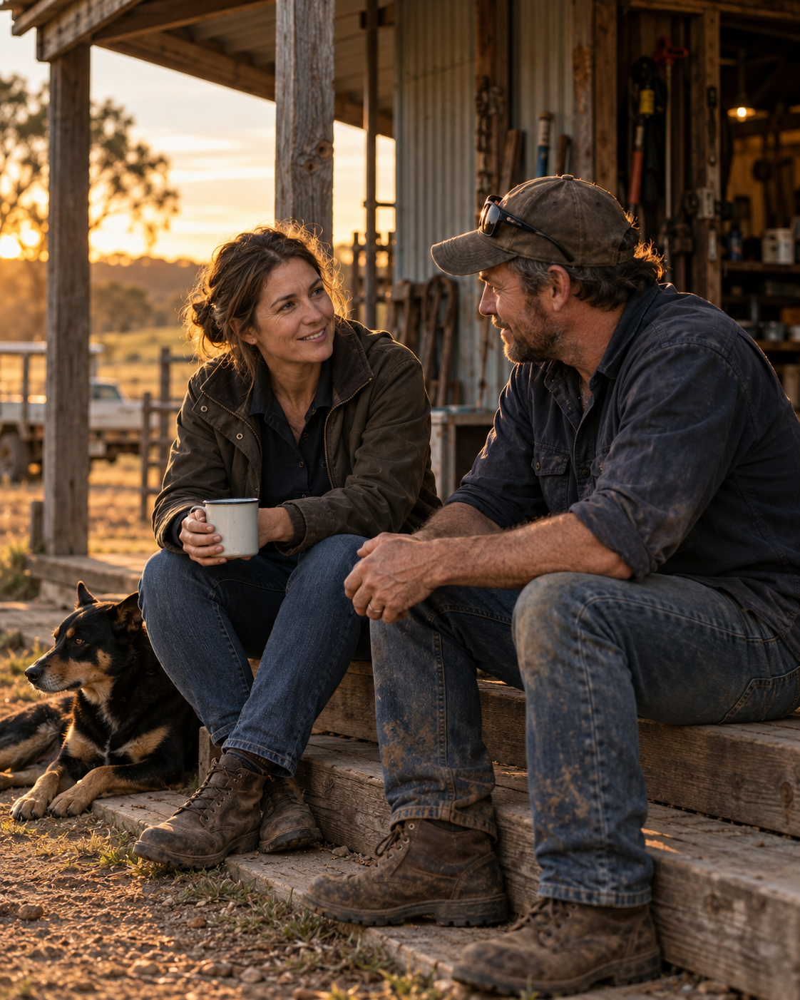 A woman and a man sitting on a wooden porch, talking and smiling during sunset, with a dog lying beside them and a rural farm background.