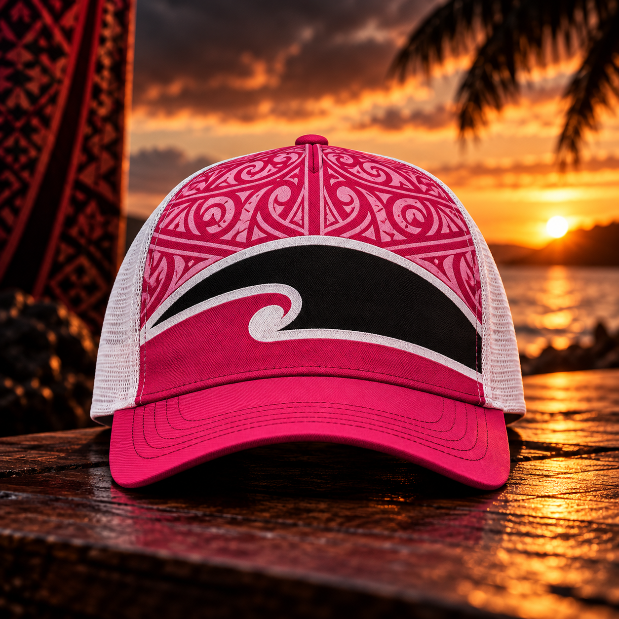 Pink and white trucker hat with Māori art design, placed on a wooden surface during sunset near water with silhouette palm trees