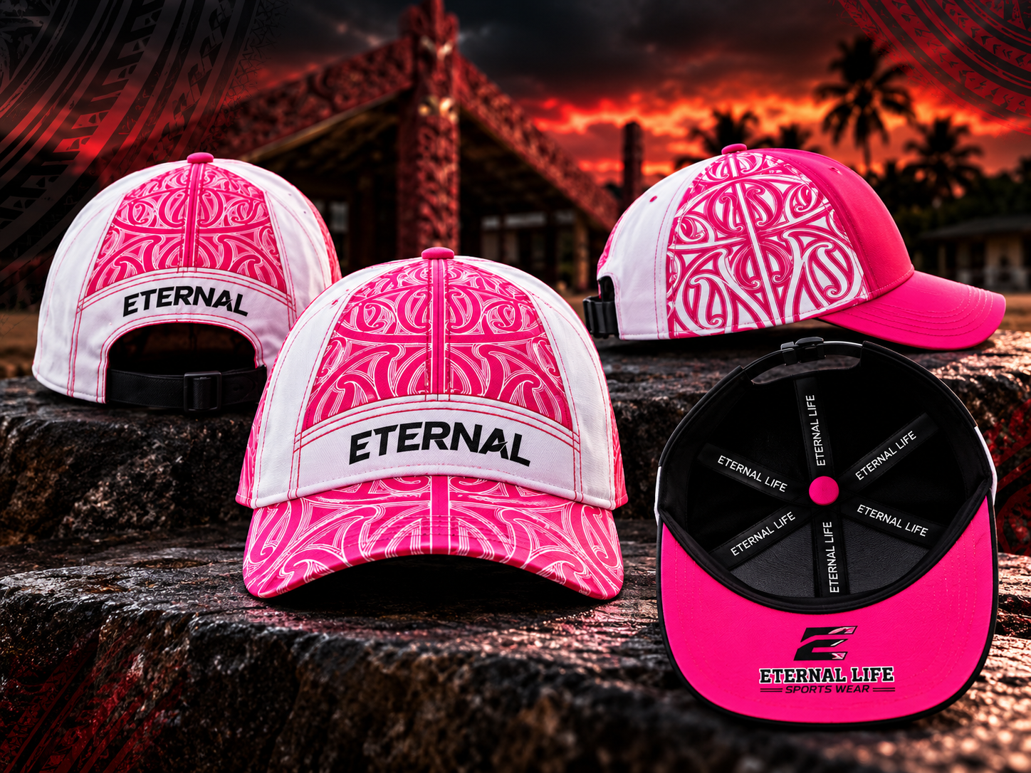 Four hats and a cap with the words 'Eternal Life' and 'Sports Wear' displayed outdoors at sunset, with a building and palm trees in the background.