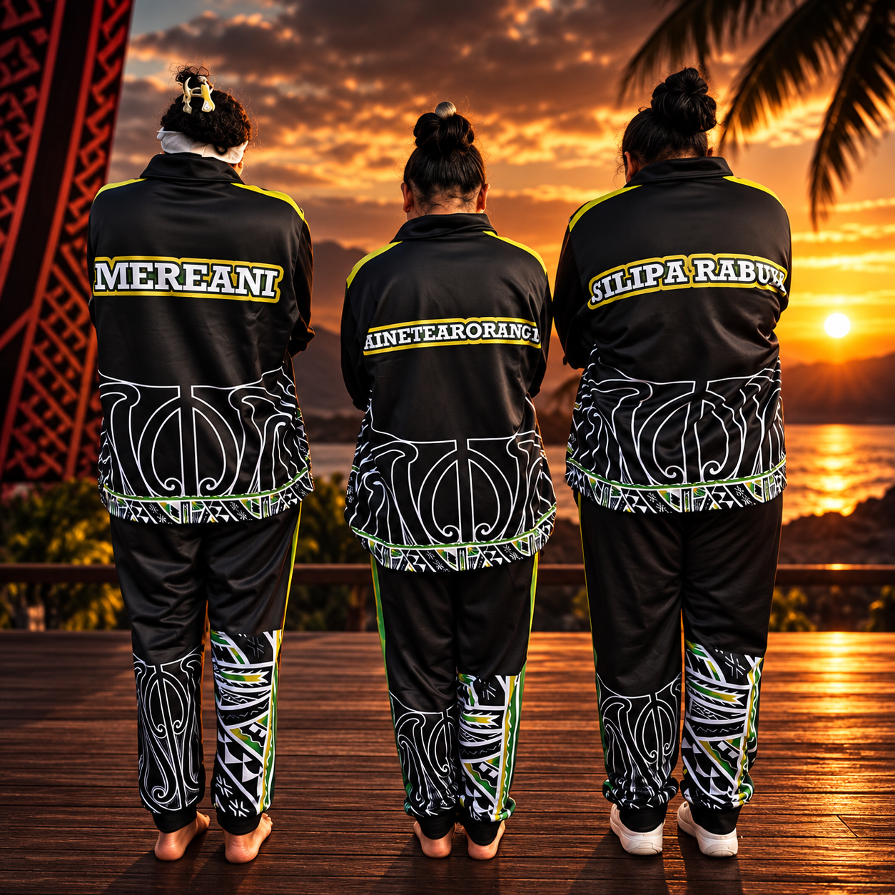 Three women stand side by side on a wooden deck facing a sunset over a body of water. They wear matching black traditional outfits with white, green, and yellow patterns and names on the back. The scene features a tropical setting with palm trees and clouds, and a sunset casting an orange glow.