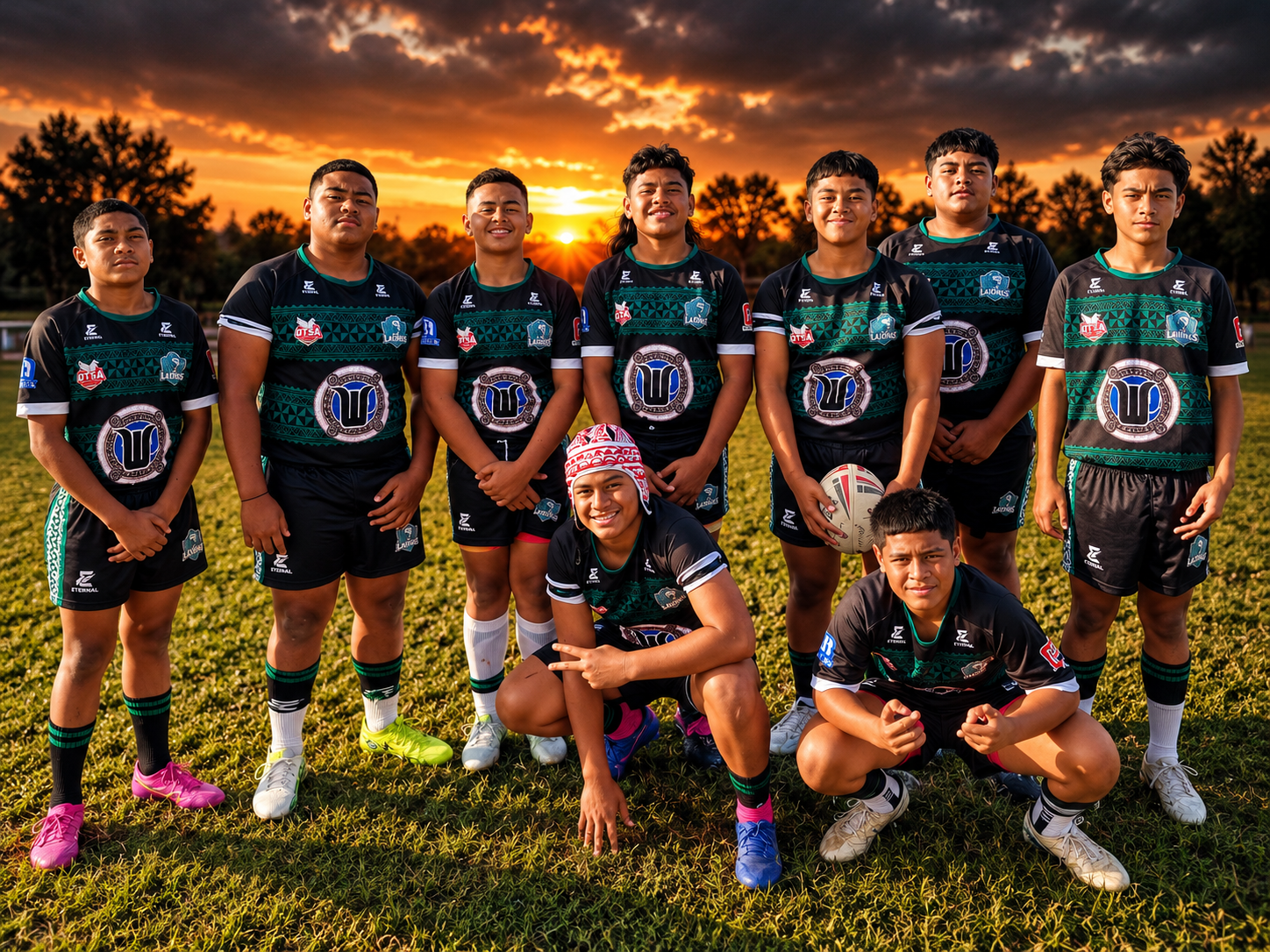 A group of junior rugby players in black and green uniforms posing on a field at sunset.