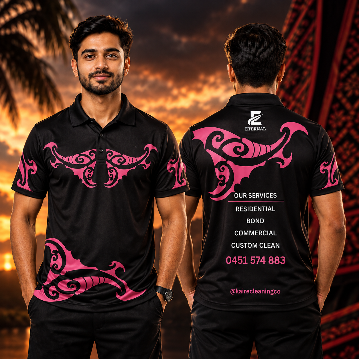 Two men wearing black polo shirts with pink tribal designs, standing outdoors during sunset. The back of the shirt displays cleaning services and contact information.