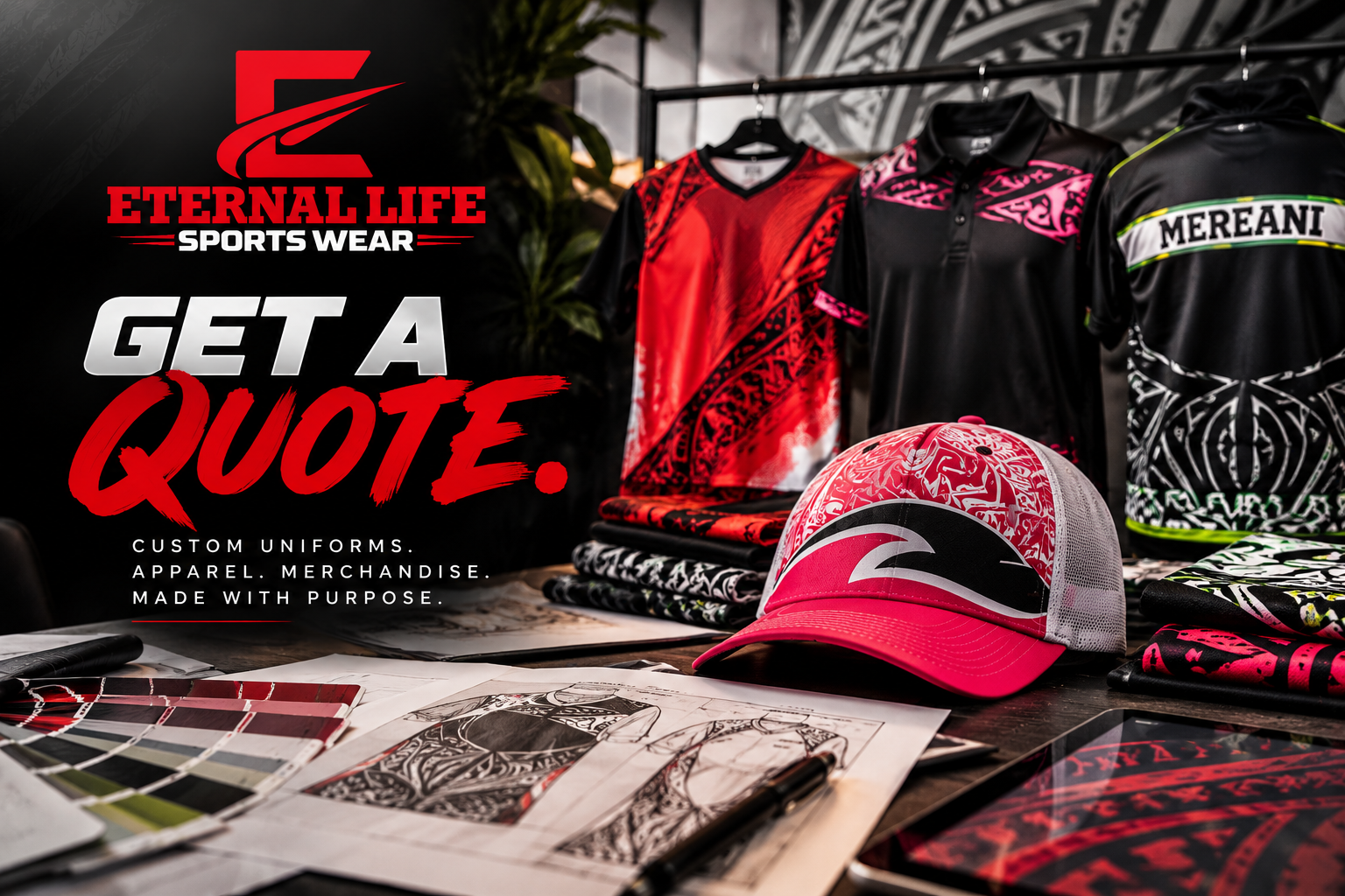 Display of custom sports uniforms, apparel, and merchandise including jerseys, a cap, and design sketches in the background, with a promotional message about custom sportswear branding.