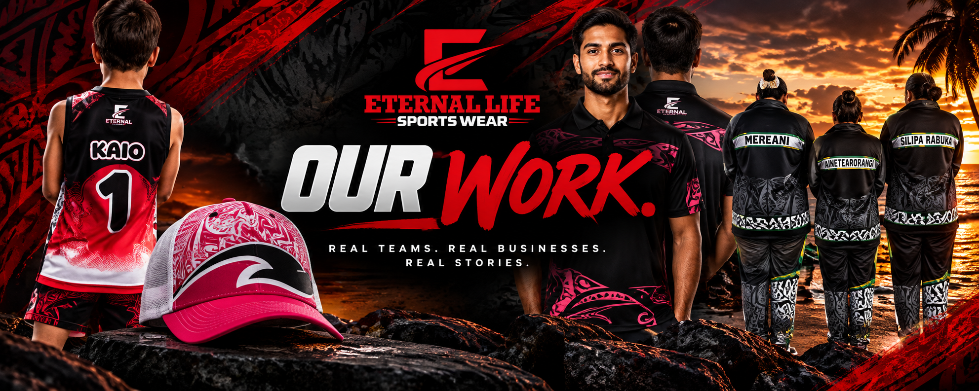 A promotional image for Eternal Life Sports Wear featuring a sunset beach scene with a group of people in athletic clothing and the slogan "Our Work". The image shows a child wearing a sports jersey with the number 1, a pink and white hat, a smiling man in the foreground, and four women with their backs turned wearing matching jackets with Maori patterns.