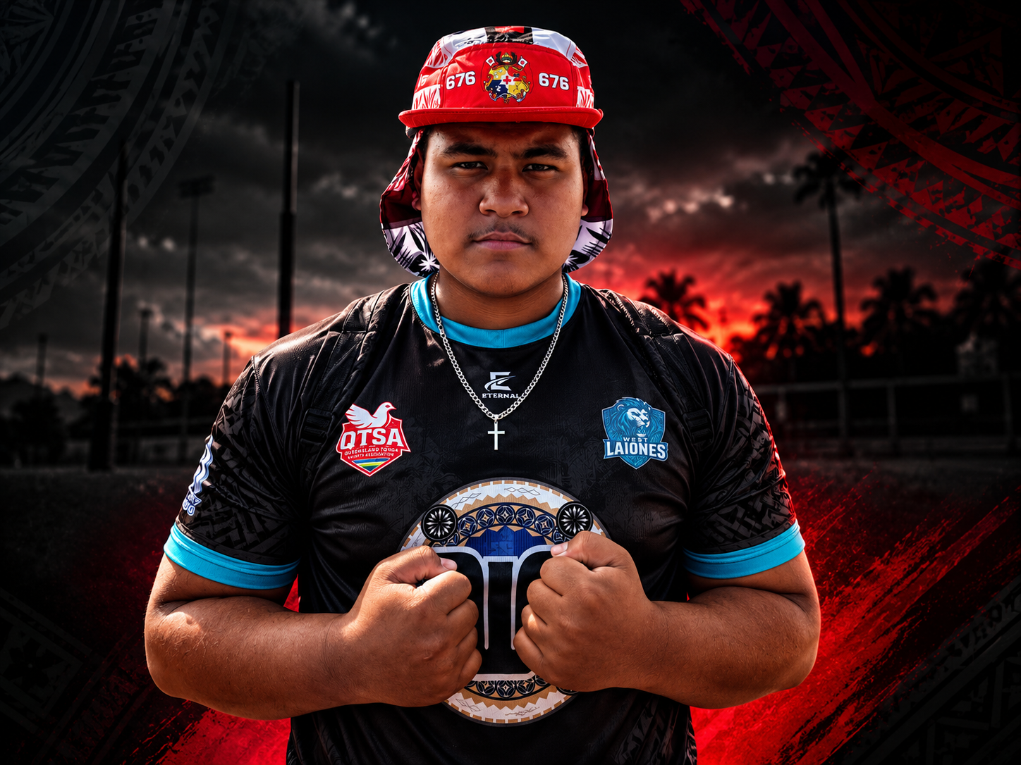 A young man wearing a black sports jersey with logos, a red hat, and a necklace, standing outdoors during a sunset with a dark, cloudy sky and silhouettes of palm trees in the background.
